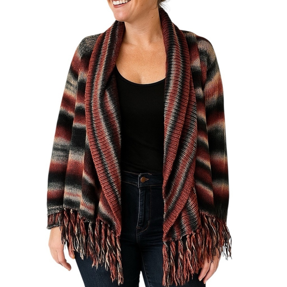 Earthbound Large Cardigan w/ Fringe Neutral Knitted Long Sleeve Asymmetr…